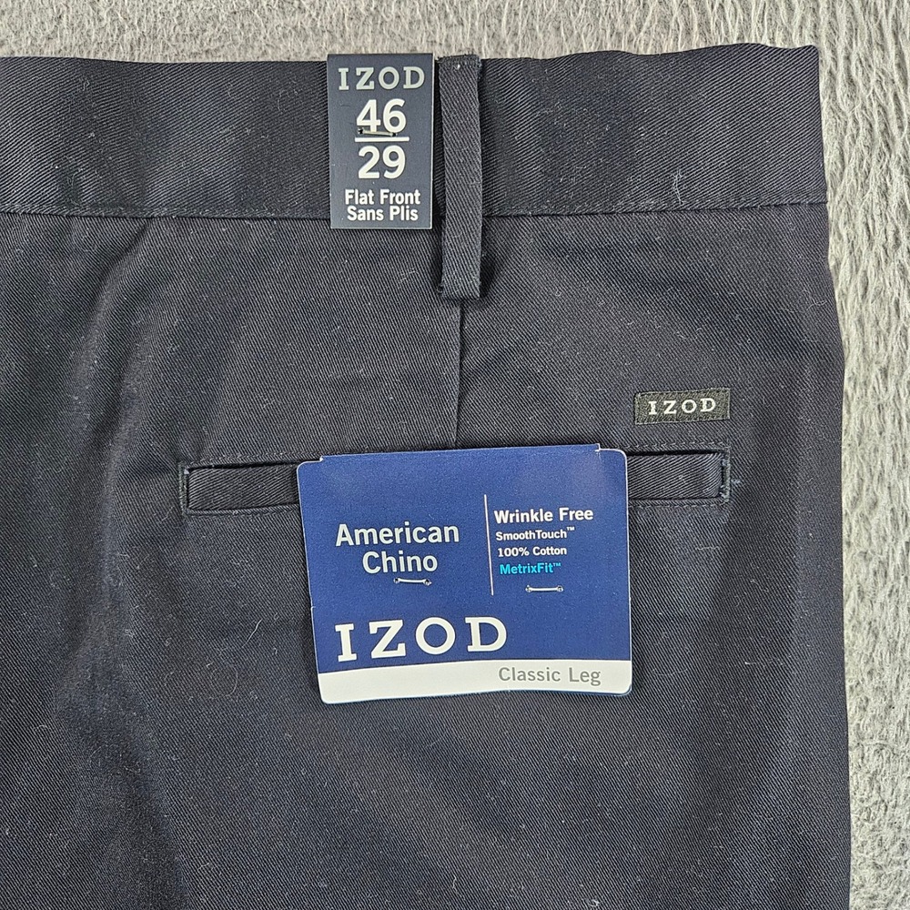 IZOD American Chino Mens 46x29 Black Wrinkle Free Flat Front Cotton Pants NEW